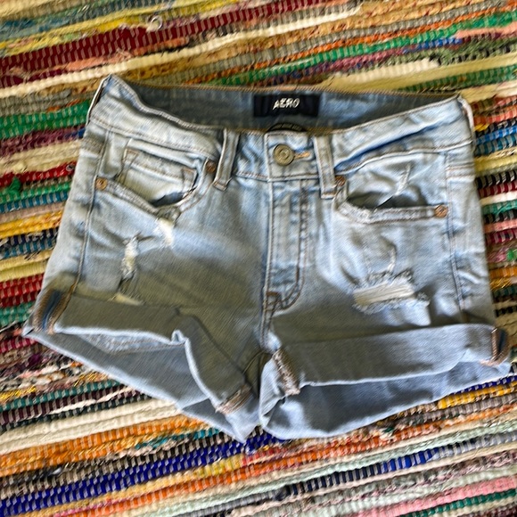 AERO Lt Blue Distressed MIDI Denim Shorts- #1813 - Picture 6 of 13